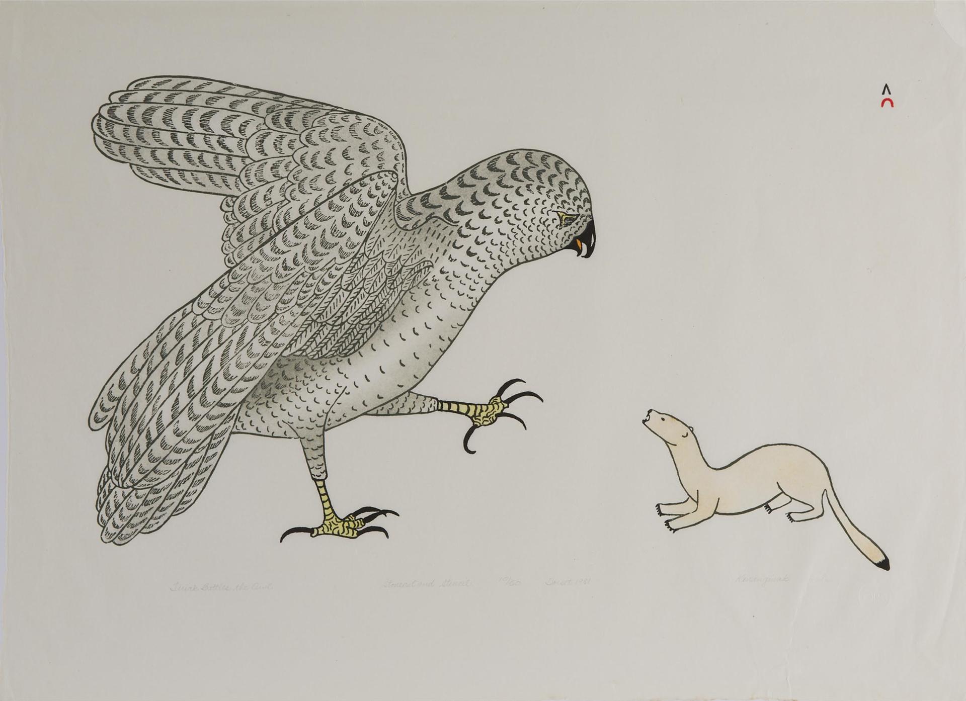 Kananginak Pootoogook (1935-2010) - Tiriak Battles The Owl