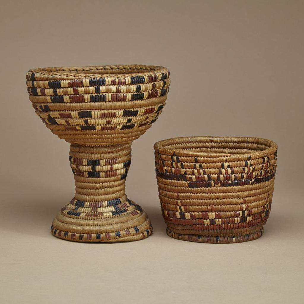 Salish - Two Open Coiled Baskets Decorated With Banded Geometric Motifs