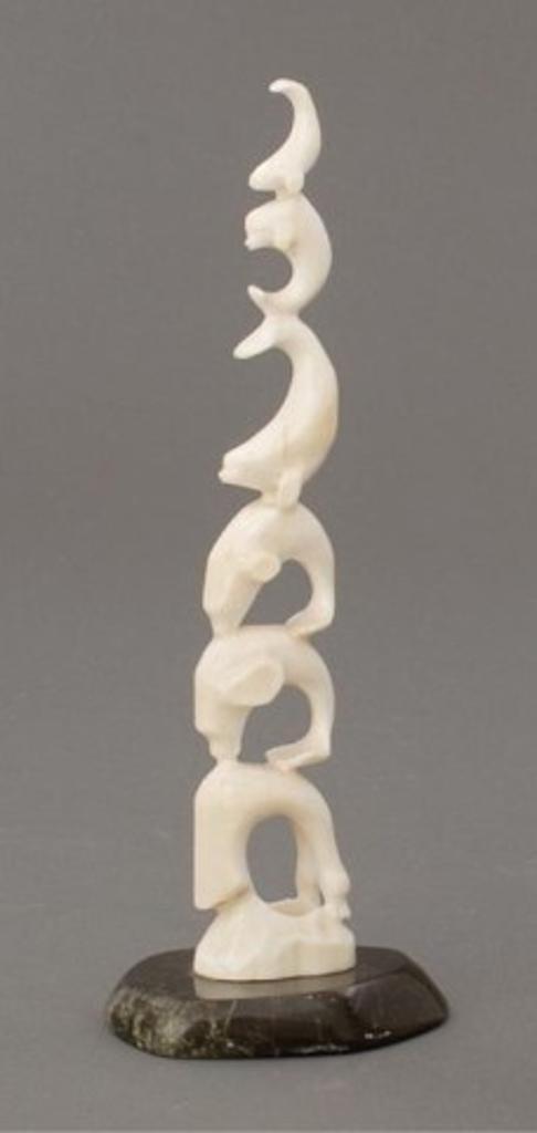 Gideon Qauqjuaq (1941) - Ivory carved from the solid of tapering form depicting narwhal & snow geese
