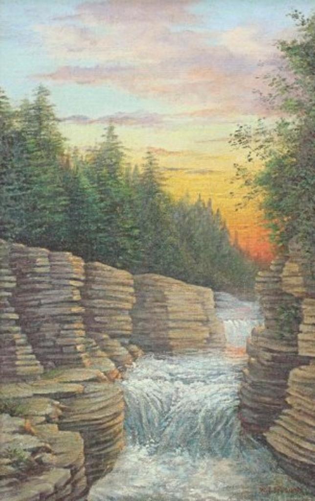 W.J. Fischer - Quebec Waterfall at Sunset