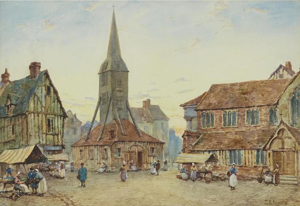 Thomas Edward Francis (1873-1961) - Market Place, Honfleur, Normandy, France; In A Cottage Garden