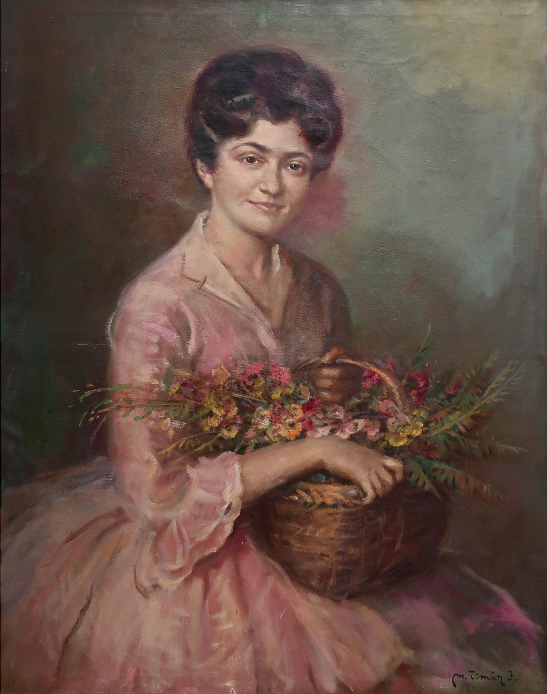 M. Timār J - Portrait Of A Woman Holding A Basket Of Flowers