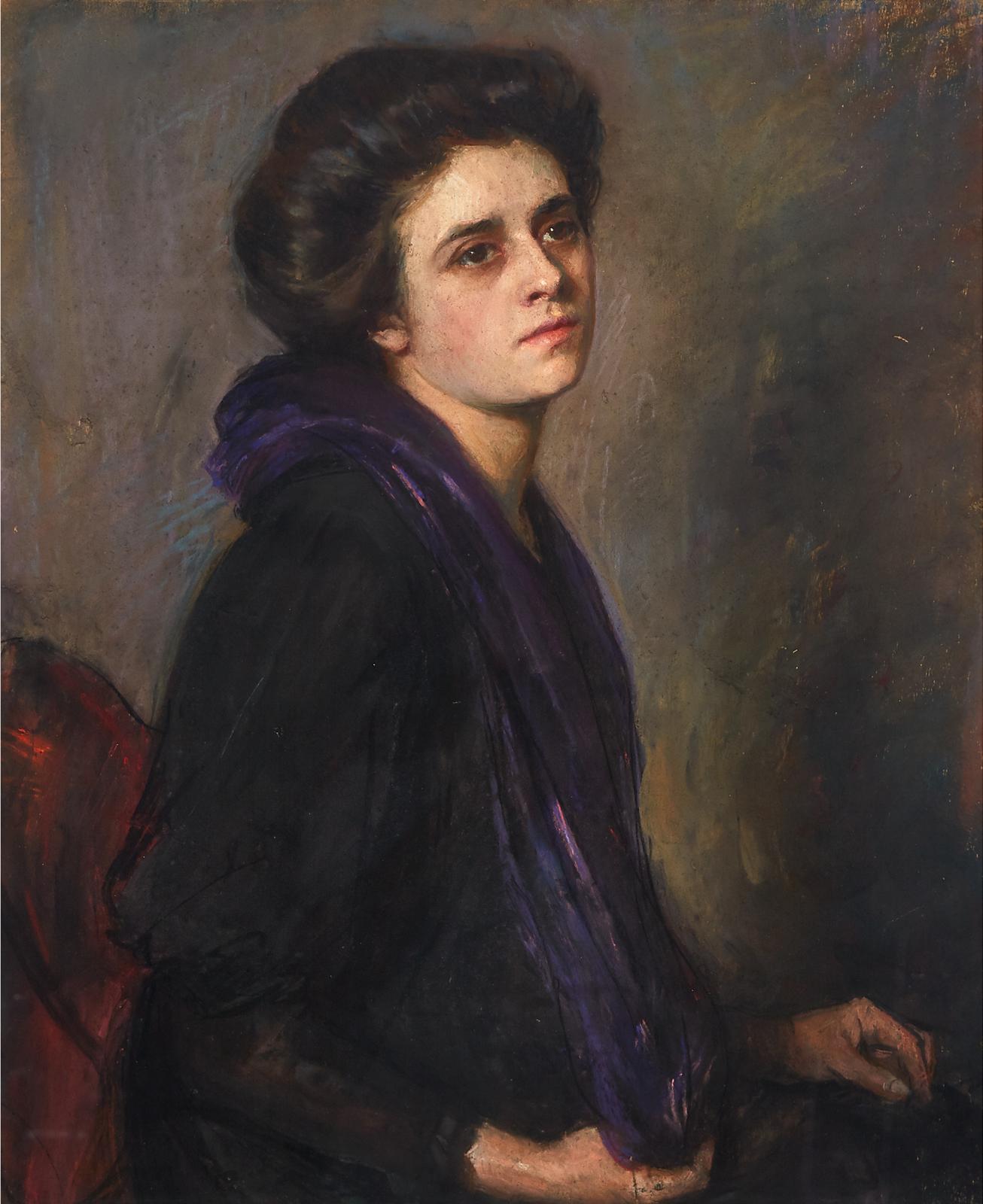 Horatio Walker (1858-1938) - Portrait Of A Woman With A Purple Scarf
