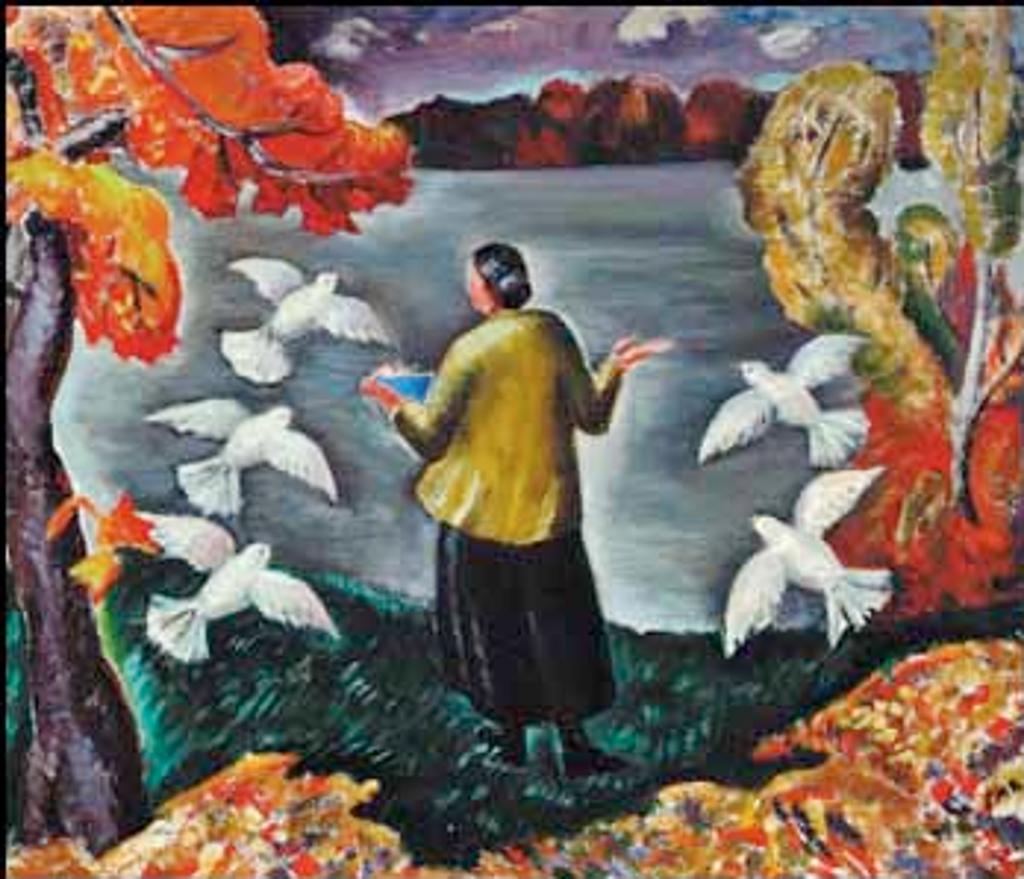 Sarah Margaret Armour Robertson (1891-1948) - Woman with Doves in a Canadian Landscape