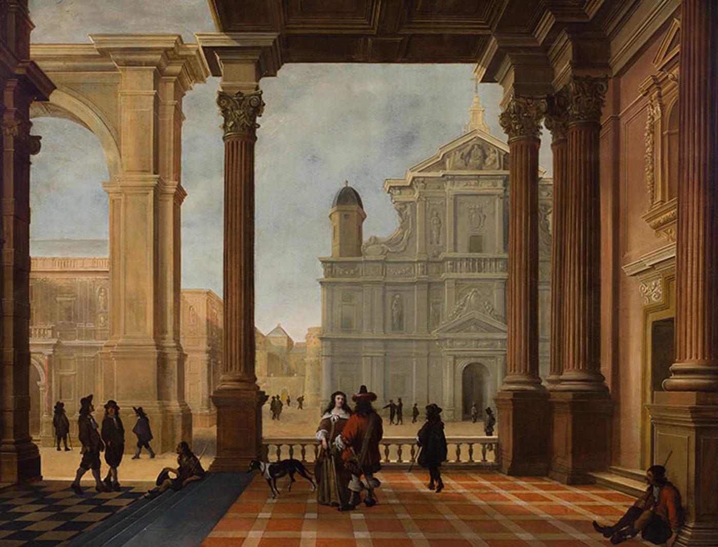 Bartholomeus van Bassen (1590-1652) - An Architectural Capriccio with Elegant Figures and a Church Beyond