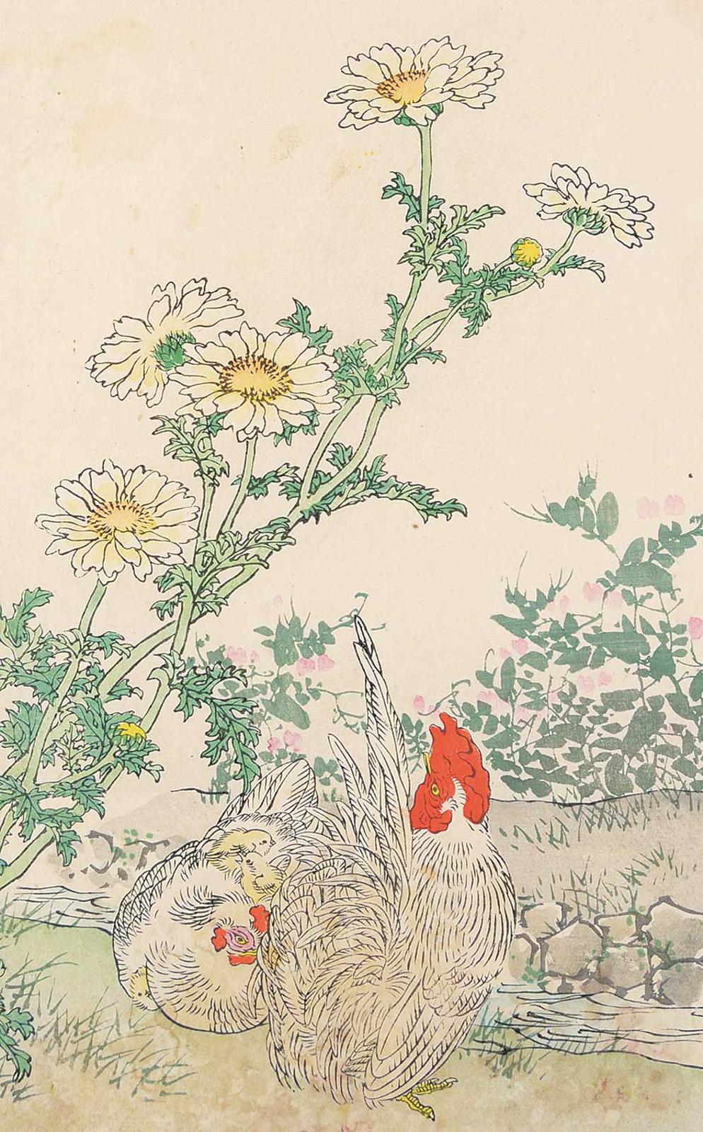 Japanese School - Untitled - Flowers and Roosters