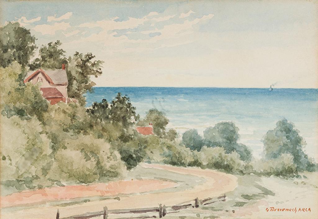 George Robert Bruenech (1851-1916) - Coastal Lane with Ship in Distance