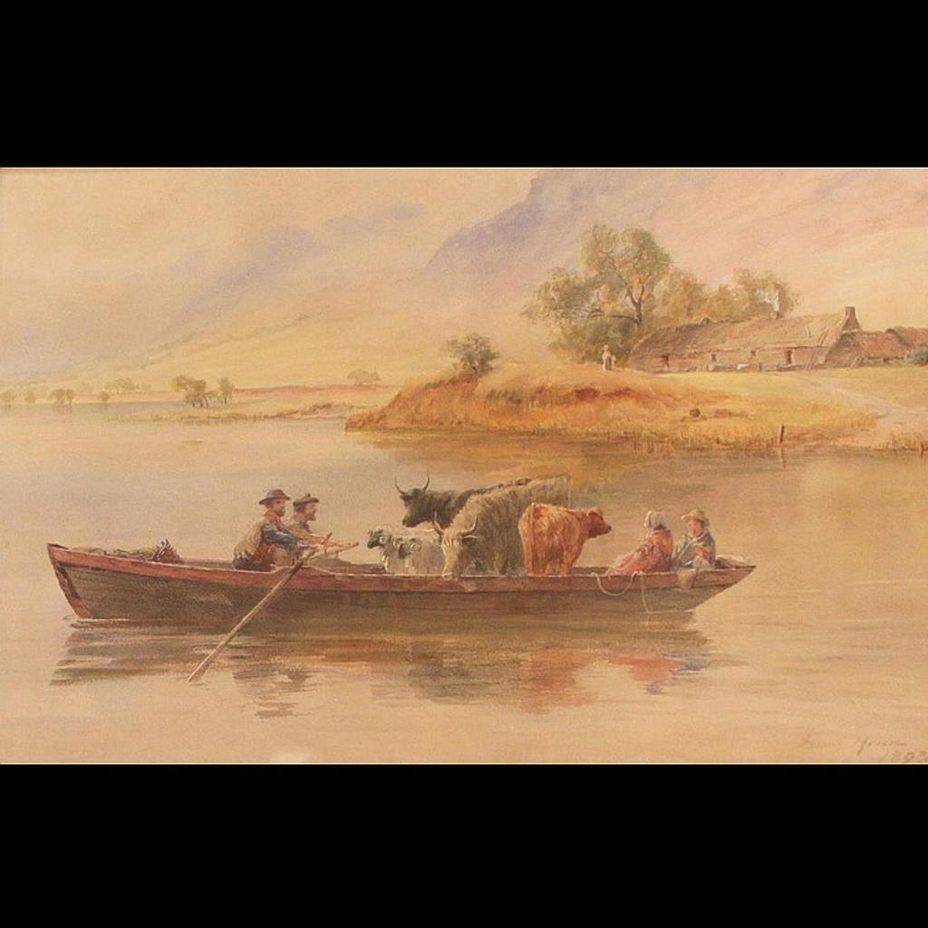 James Heron (1873-1919) - Figures and cattle in a row boat