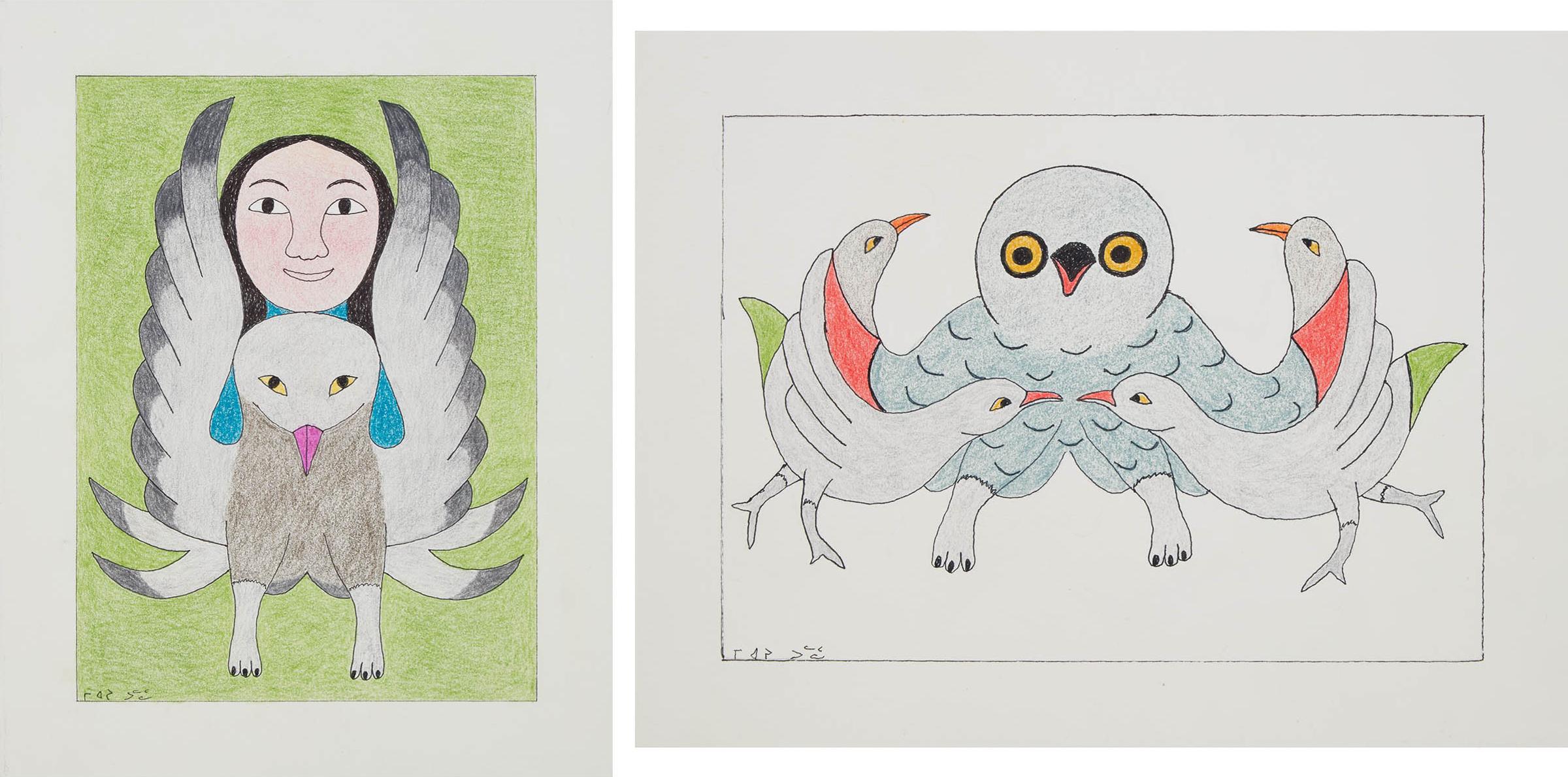 Mary (Samuellie) Pudlat (1923-2002) - Untitled (Woman With Bird); Untitled (Owl With Birds)