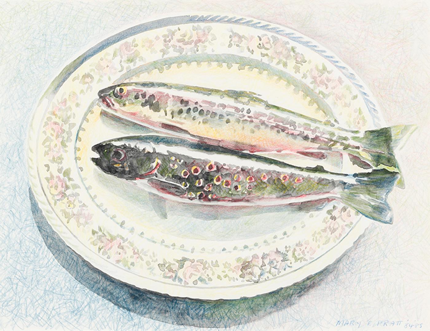 Mary Frances West Pratt (1935-2018) - Two Trout on a Flowered Platter