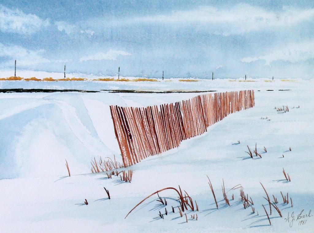 A.J. Earl - Untitled, Prairie Landscape with Snow Fence