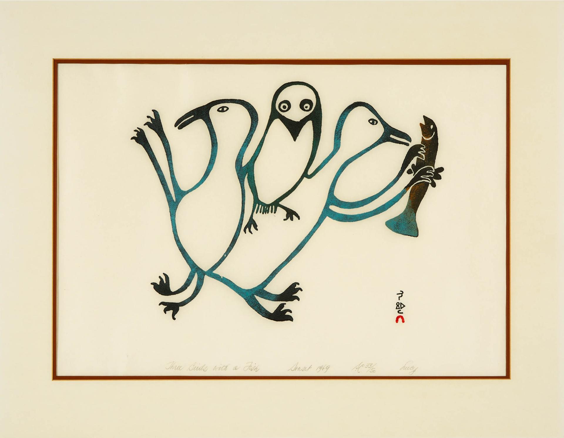 Lucy Qinnuayuak (1915-1982) - Three Birds With A Fish, 1969