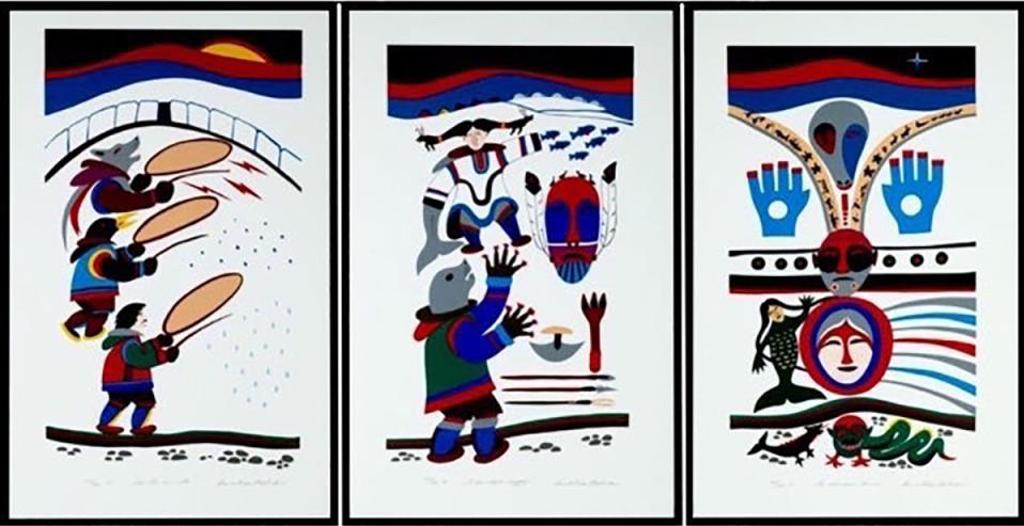 David Ruben Piqtoukun (1950) - “Symbols Of Survival” Folio Of Three Prints Forming A Triptych: (A) As The Sun Sets; (B) A Bountiful Supply; And (C) The Shaman’S Dream, 1987