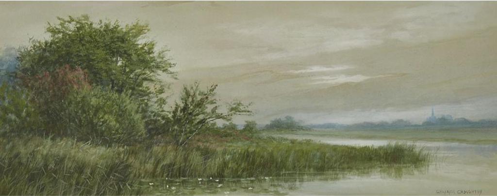 George Hanmer (Hammer) Croughton (1843-1920) - Embankment With Church Spire In The Distance