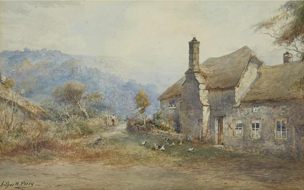 Arthur W. Perry - Farmer Waiting At The Gate With Poultry Outside A Stone Cottage