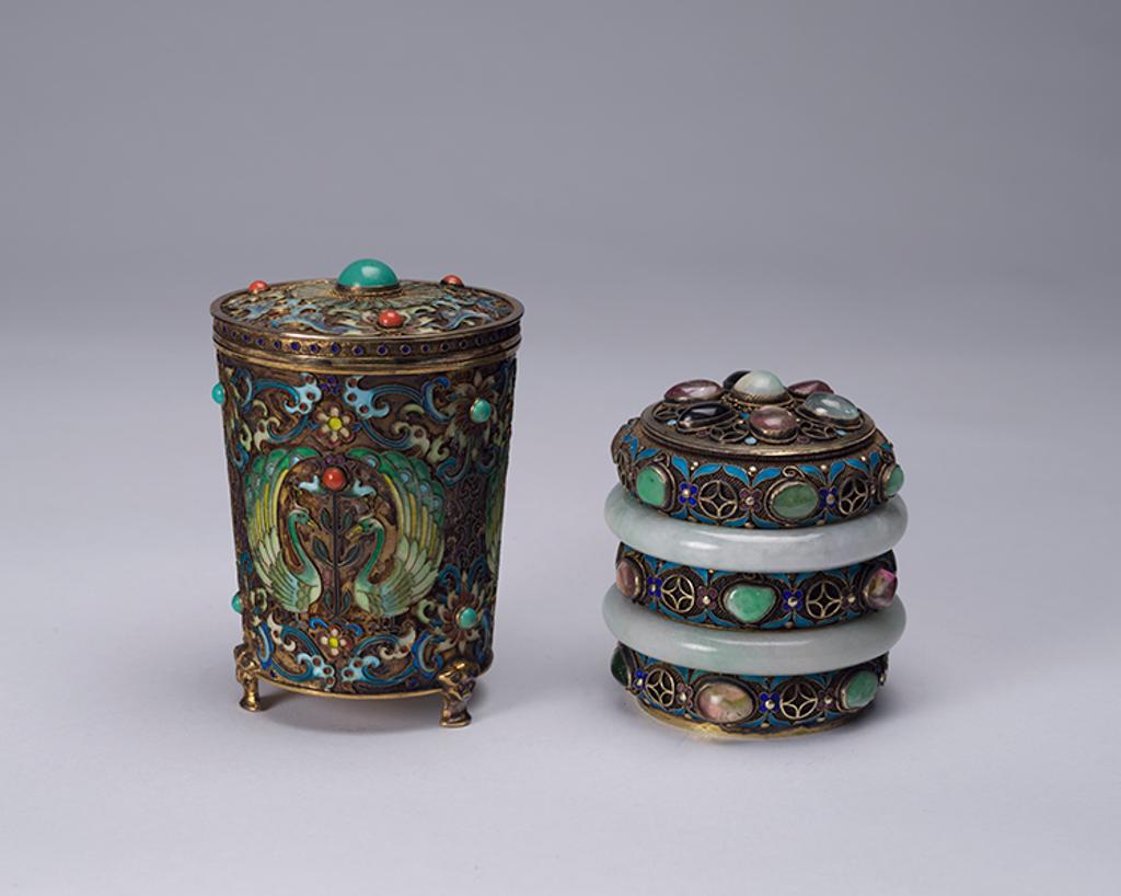 Chinese Art - Two Chinese Enamel and Hardstone Inlay Silver Containers, Early 20th Century
