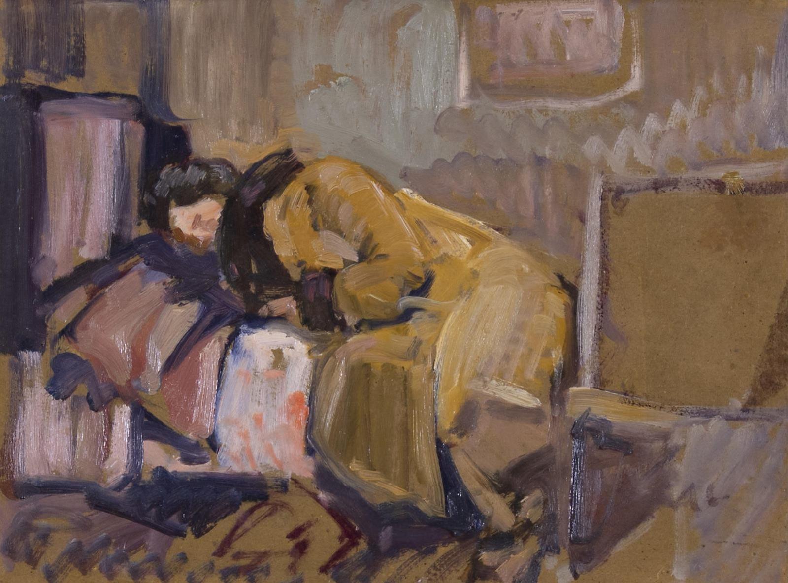 Arthur Lismer (1885-1969) - Esther Lismer Reclining - Yellow Coat; Ca 1918
