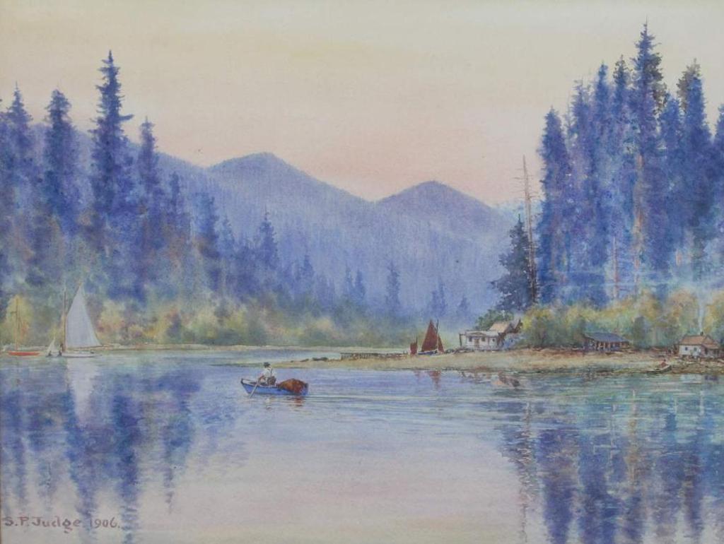 Spencer Perceval Judge (1874-1956) - River Landscape with Wood Cabins