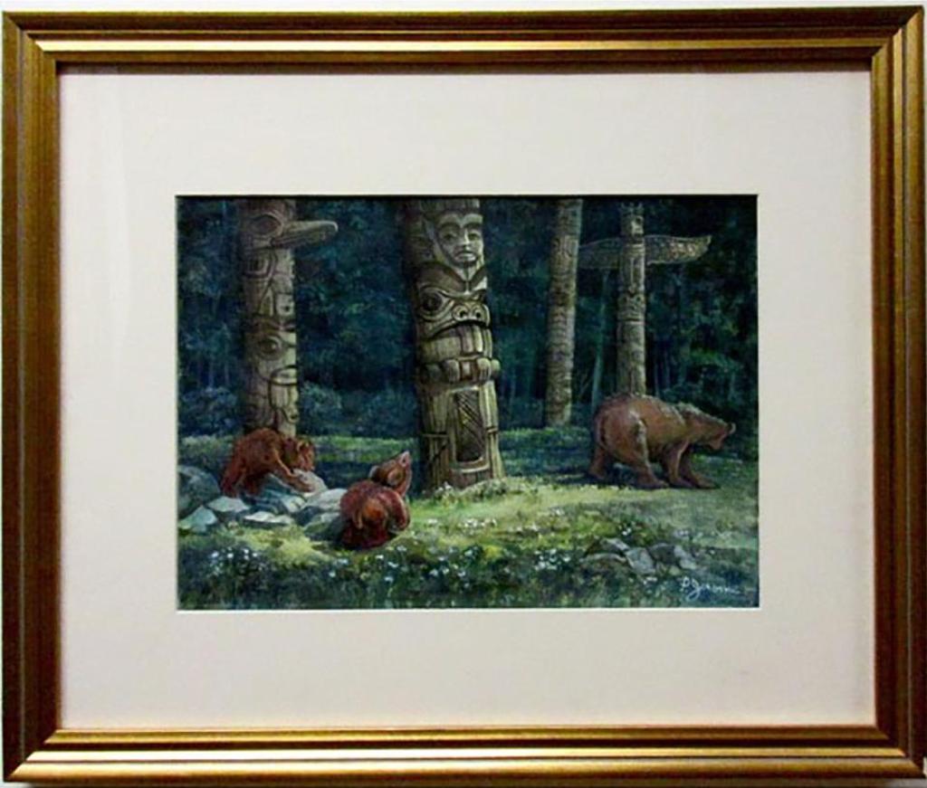 P. Jerome - Grizzly Bear With Cubs By Totem Poles