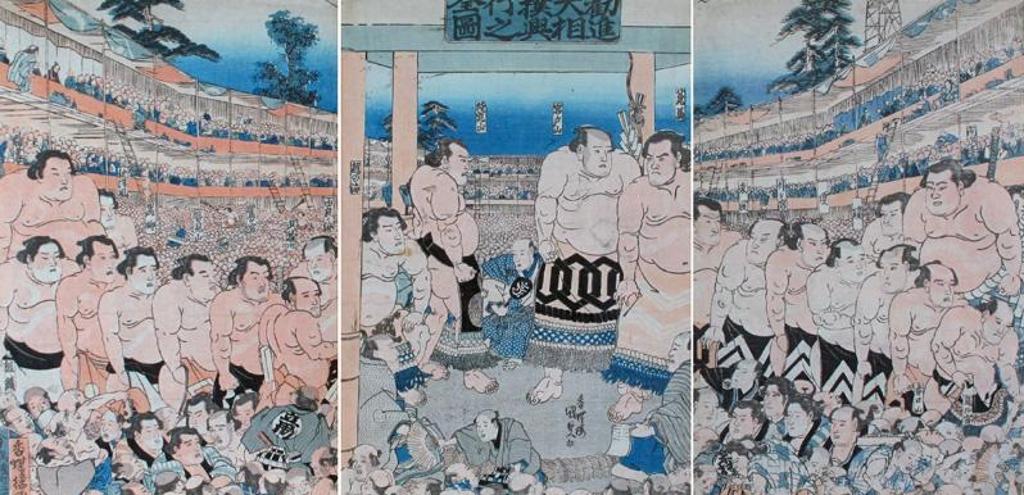Utagawa Kunisada (Tokoyuni (1786-1865) - A COMPLETE VIEW OF THE KANJIN SUMO PERFORMANCE (1829); The grand champion Onomatsu (right) and Inazuma in dohyo-iri processions, each with two attendants