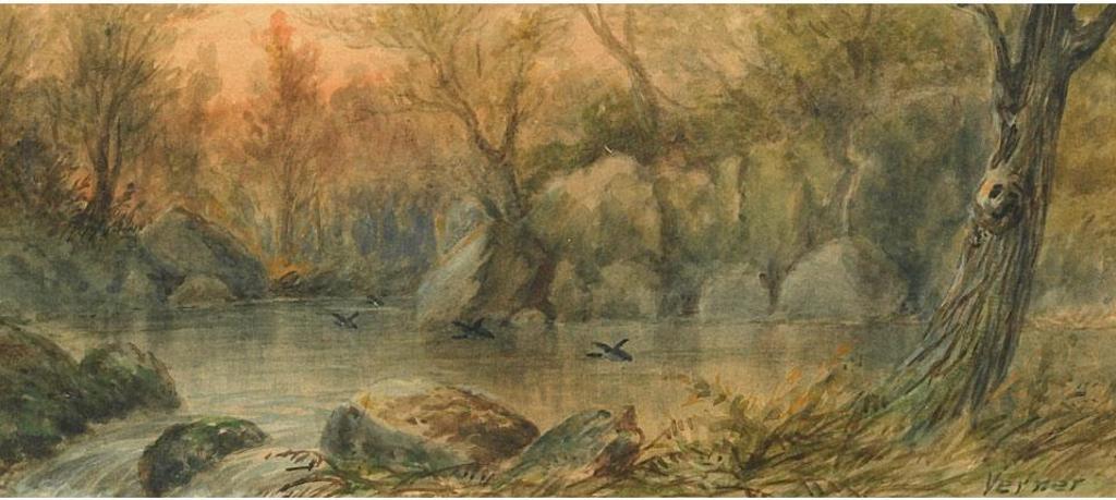 Frederick Arthur Verner (1836-1928) - Birds In Flight Over A Forest Pool