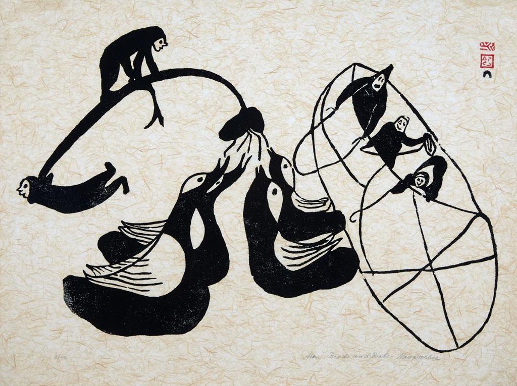 Napatchie Pootoogook (1938-2002) - Men, Birds, And Boats