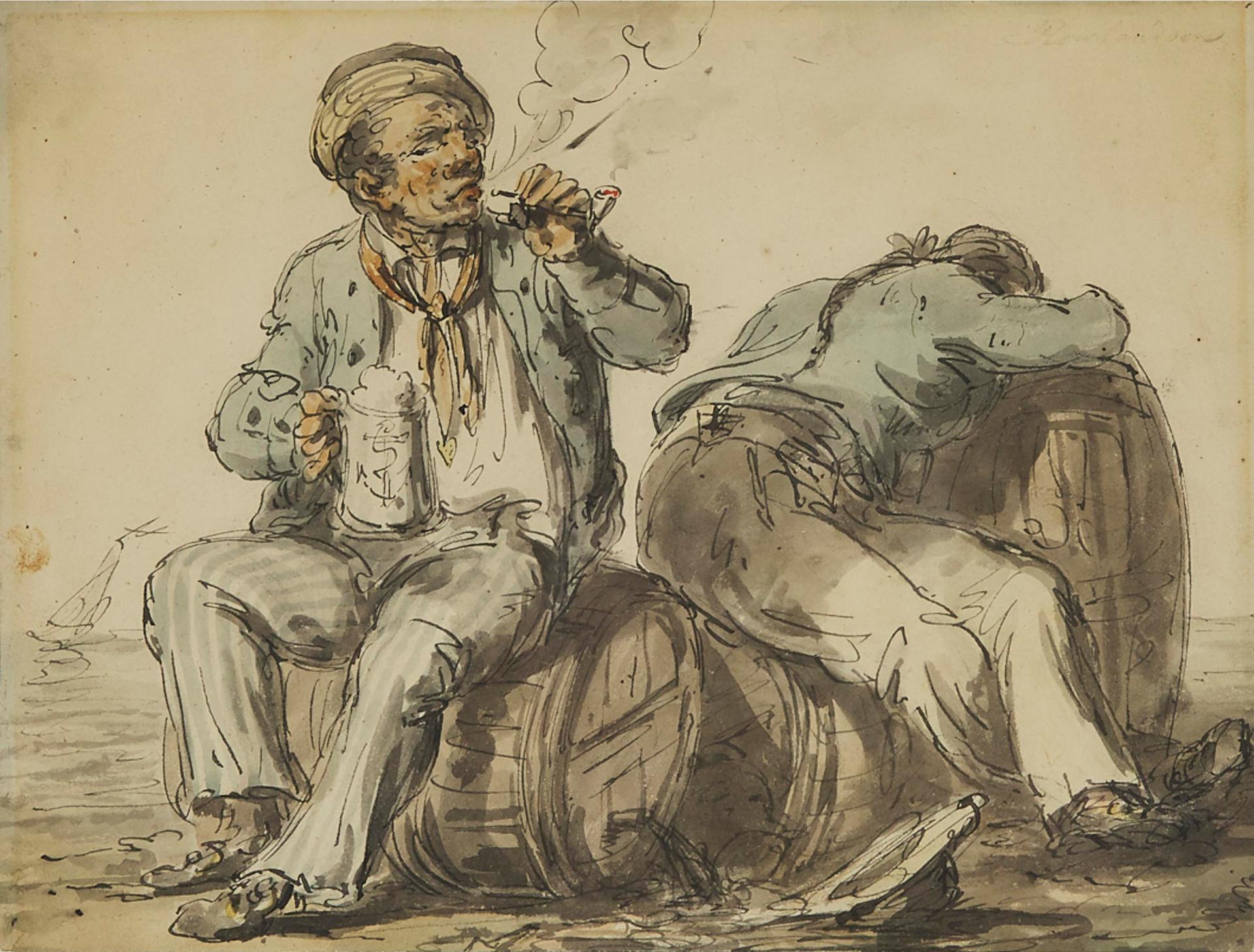 Thomas Rowlandson (1756-1827) - Male Figures, One Over A Barrel, One Smoking