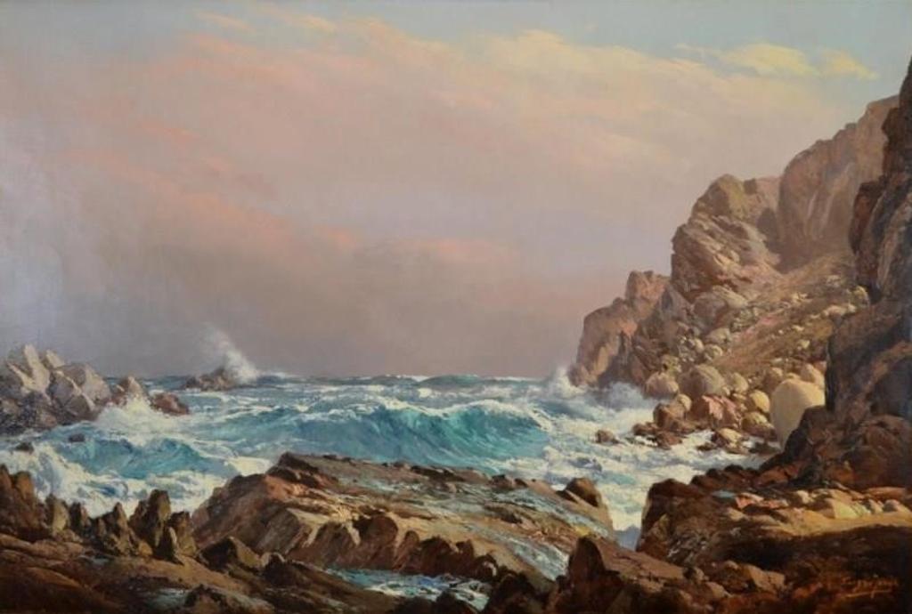 Tinus de Jong (1885-1942) - Waves breaking on a rocky shore