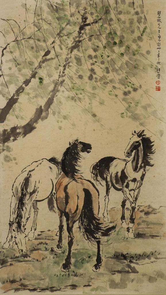 Xu Beihong (1895-1953) - Untitled - Three Horses Under a Willow