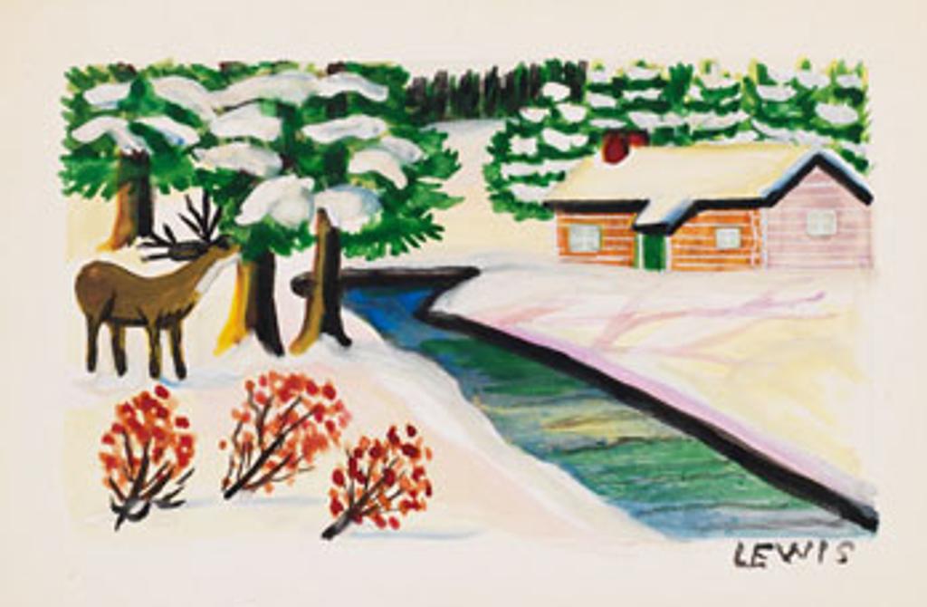 Maud Kathleen Lewis (1903-1970) - Winter Landscape with Deer and Cottage