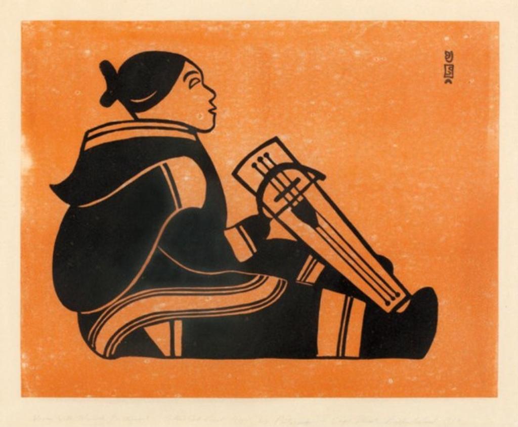 Joseph Pootoogook (1887-1958) - Woman with Musical Instrument, 1959 #23, stonecut, 12/50, 17.25 x 21 in, 43.8 x 53.3 cm sight, 28.5 x 31.5 in, 72.4 x 80 cm framed
