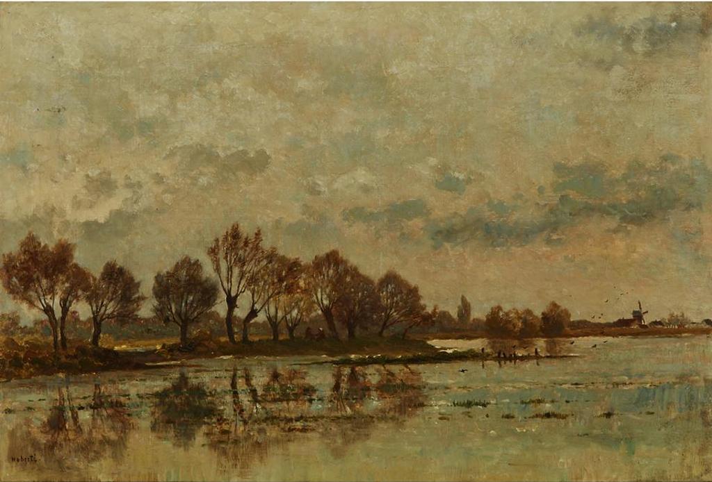 Edouard Jules Jacob Huberti (1818-1860) - Lake Scene With Figures Resting On Shore