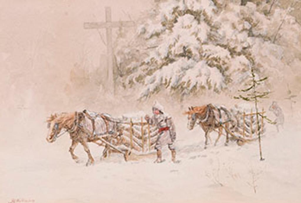 John B. Wilkinson (1865-1907) - Two Horse-Drawn Sleighs Hauling Logs Past a Wayside Cross