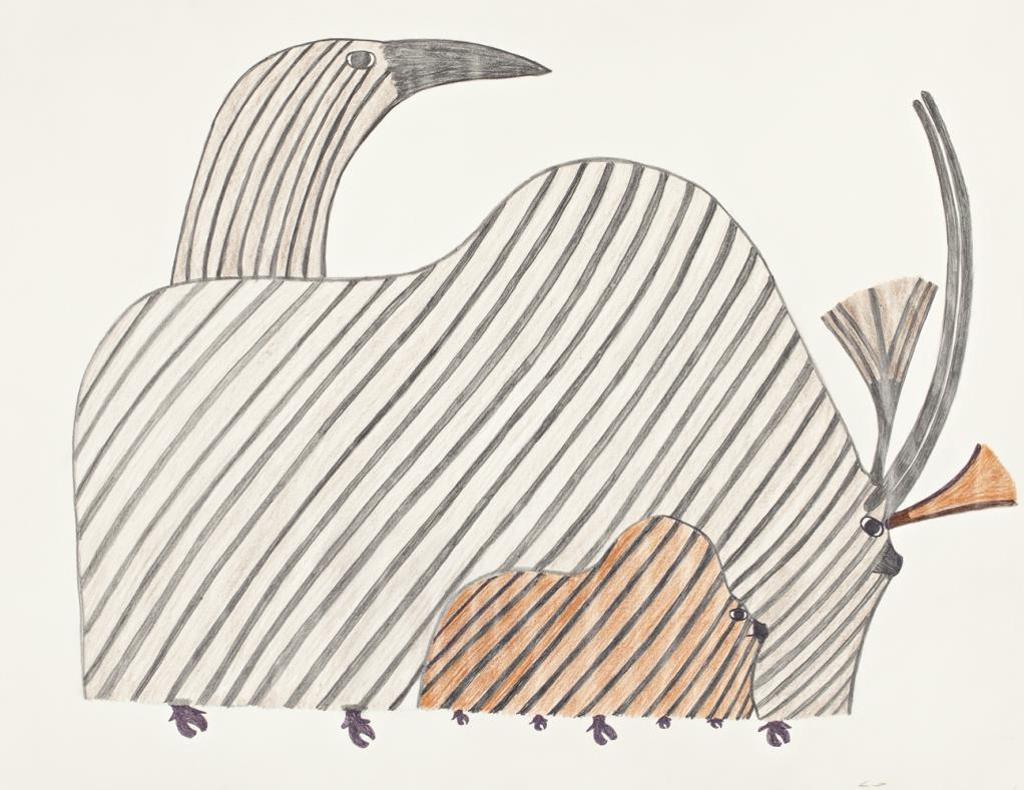 Pudlo Pudlat (1916-1992) - Untitled (Muskoxen and Loon), C. 1983-84