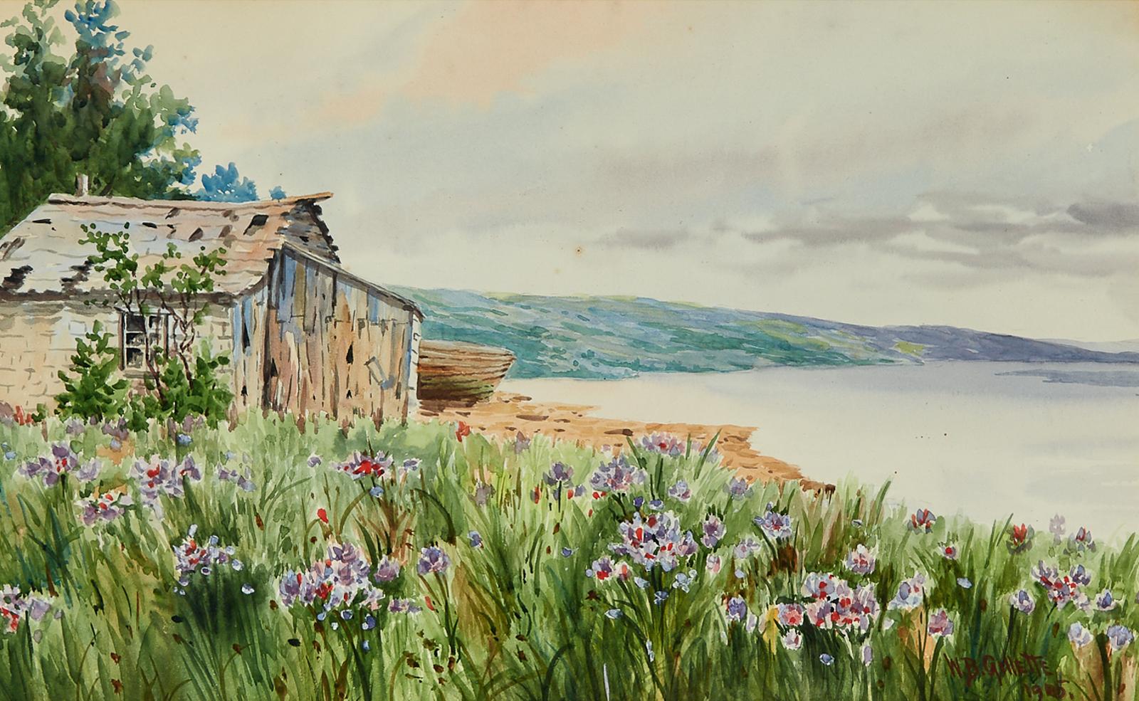 William B. Gillette (1864-1937) - Riverside Fishing Hut With Wetland Flowers In Bloom, N.Y., 1905