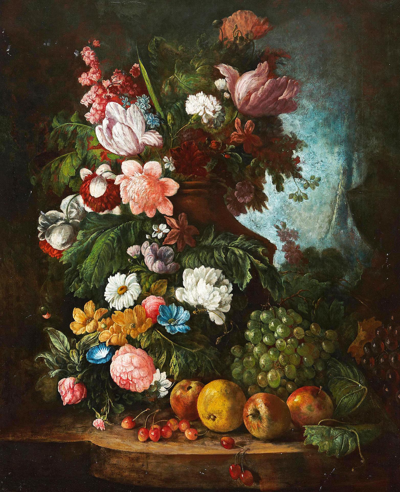 J. van Os - Tulips, carnations, peonies, convolvulus and other flowers in a stone urn with grapes, apples and other fruit on a stone ledge, a landscape beyond.