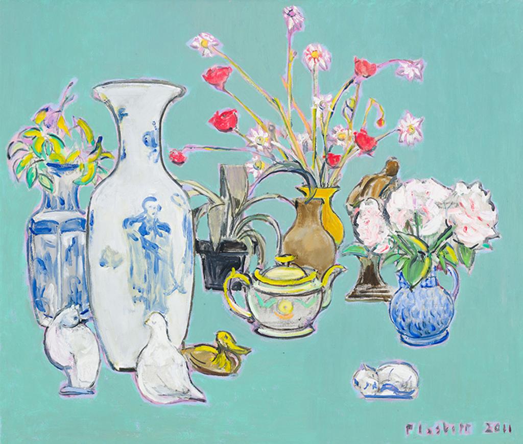 Joseph (Joe) Francis Plaskett (1918-2014) - Flowers, Pots, Animals on Green