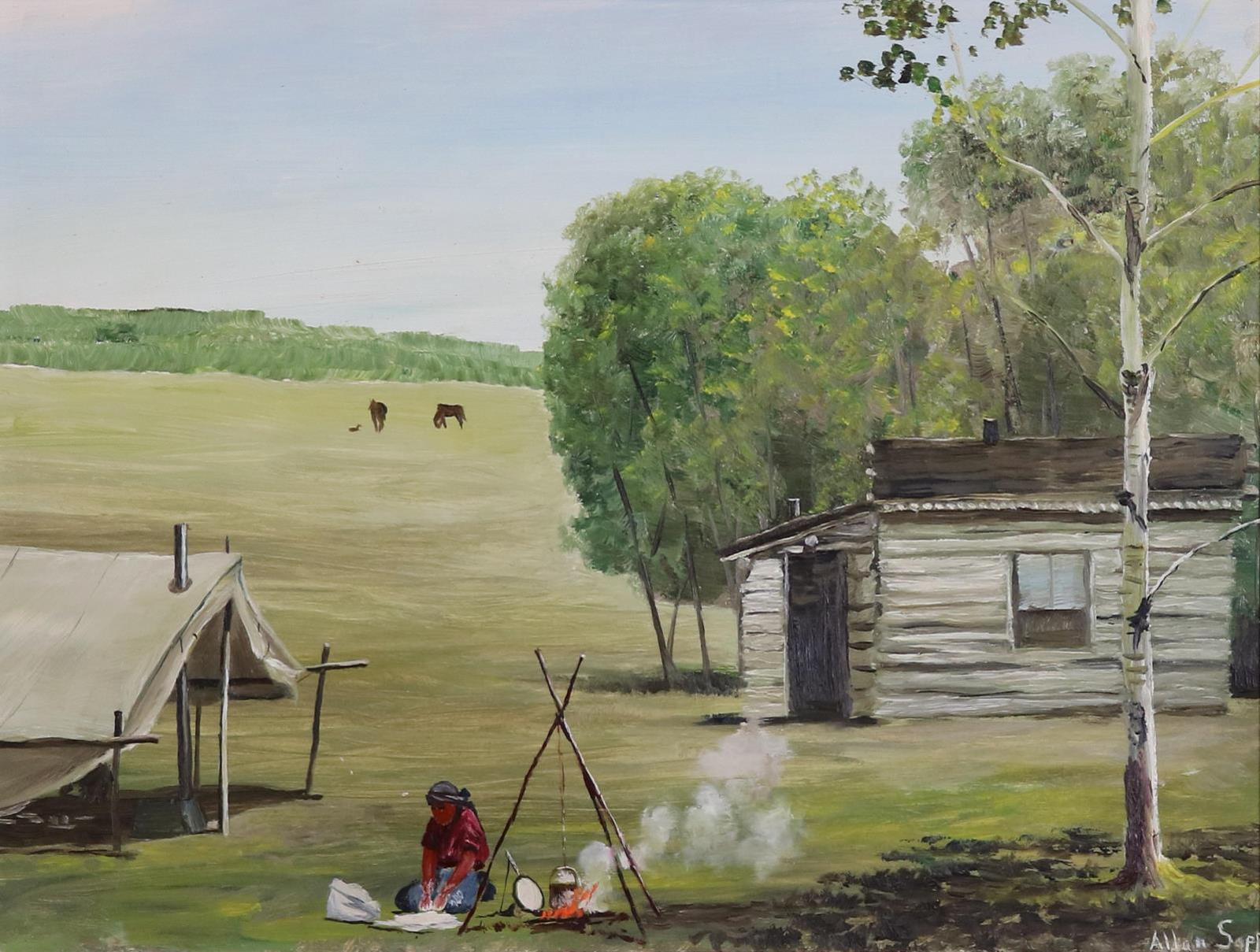 Allen Fredrick Sapp (1929-2015) - Nokum Making Bannok On A Summer Day; Ca 1967