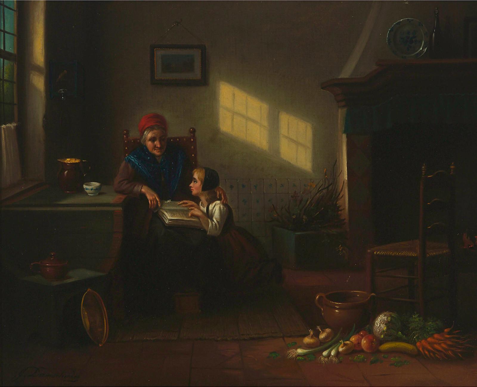 Jan Jacobus Matthijs Damschröder (1825-1905) - Reading With Grandmother