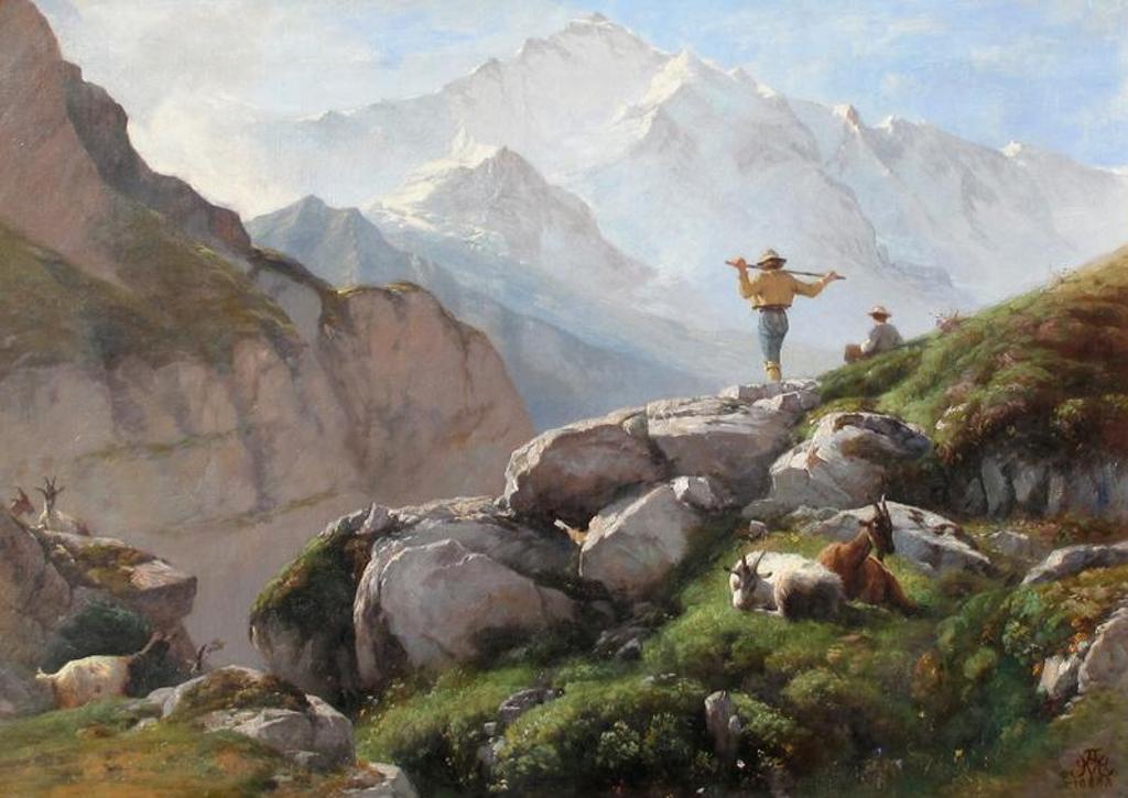 Albert de Meuron (1823-1897) - Alpine Landscape With Hikers And Mountain Goats; 1888