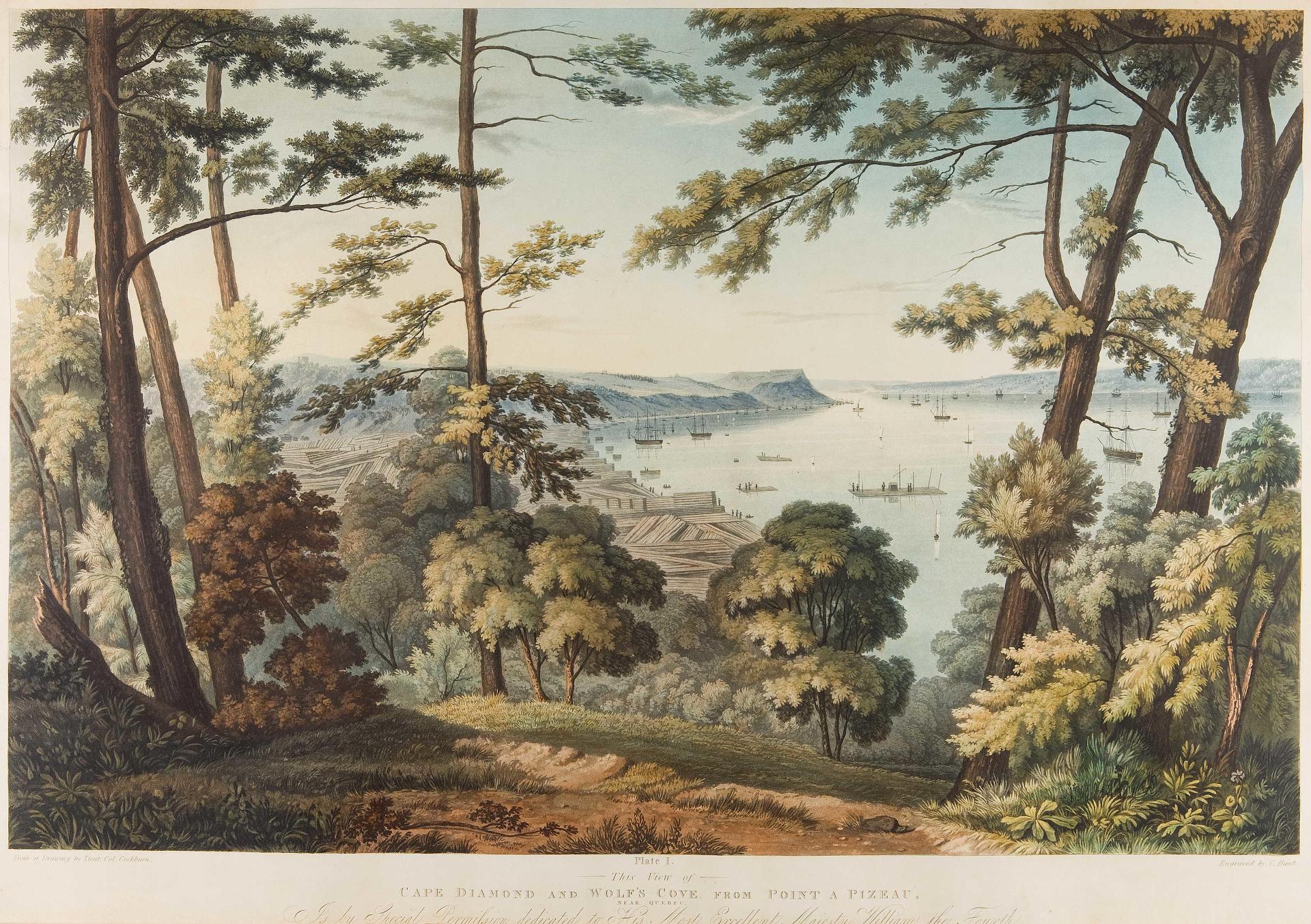 James Pattison Cockburn (1778-1847) - Cape Diamond and Wolf’s Cove From Point A Pizeau Plate 1, by C.Hunt, published by Ackermann & Co., London 1833