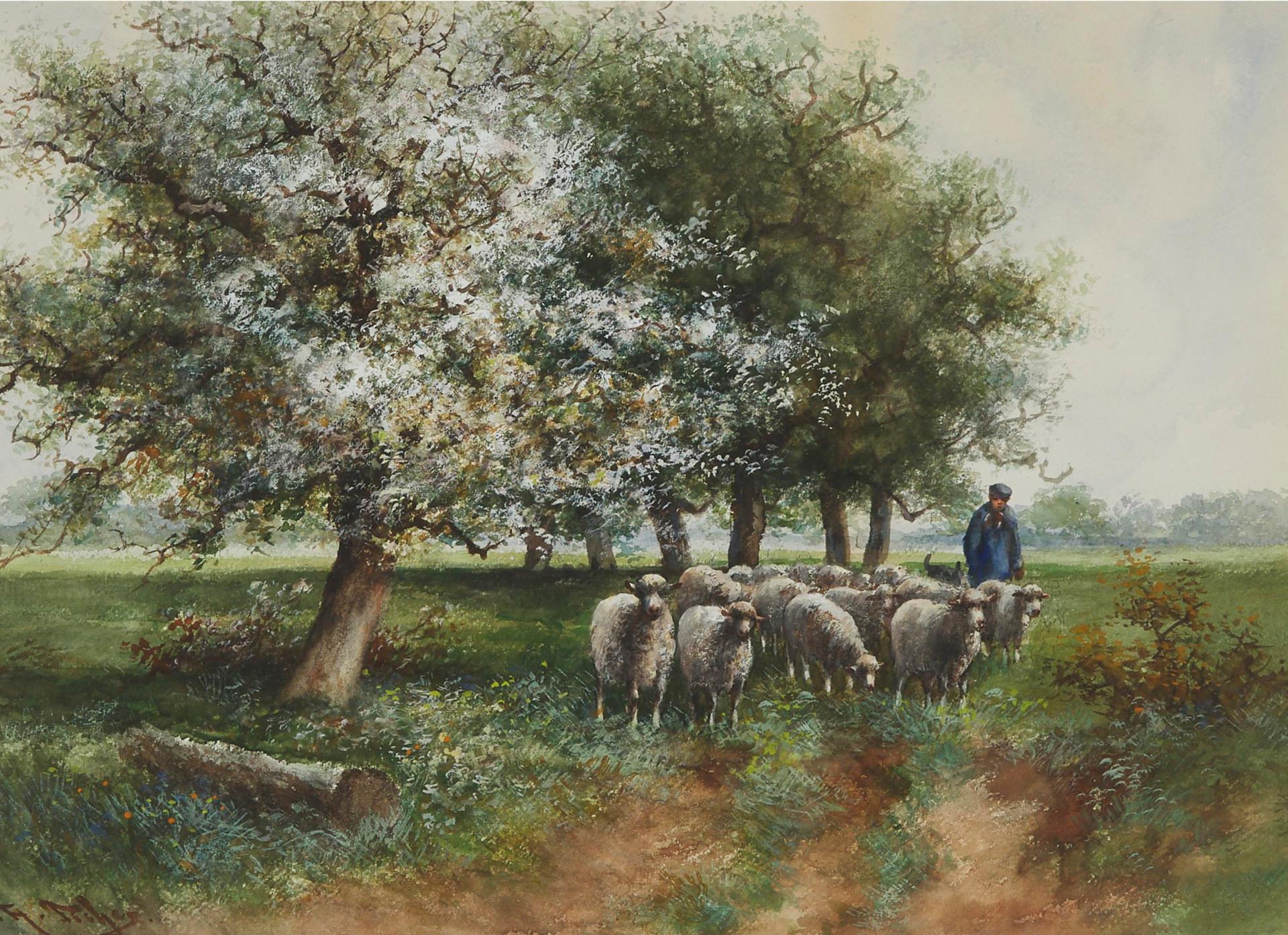 Hugo Antoine Fisher (1854-1916) - Farmer Herding Sheep
