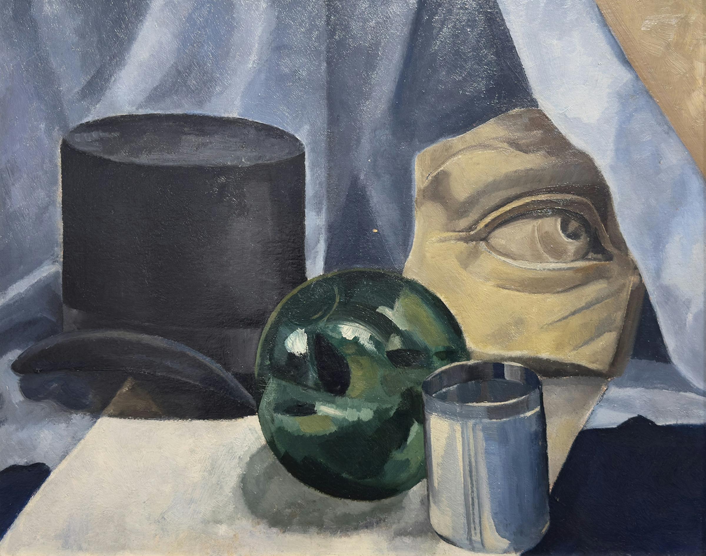 Bertram Richard Brooker (1888-1955) - Still Life with Top Hat, Stone Fragment, Glass Ball and Tumbler, 1931