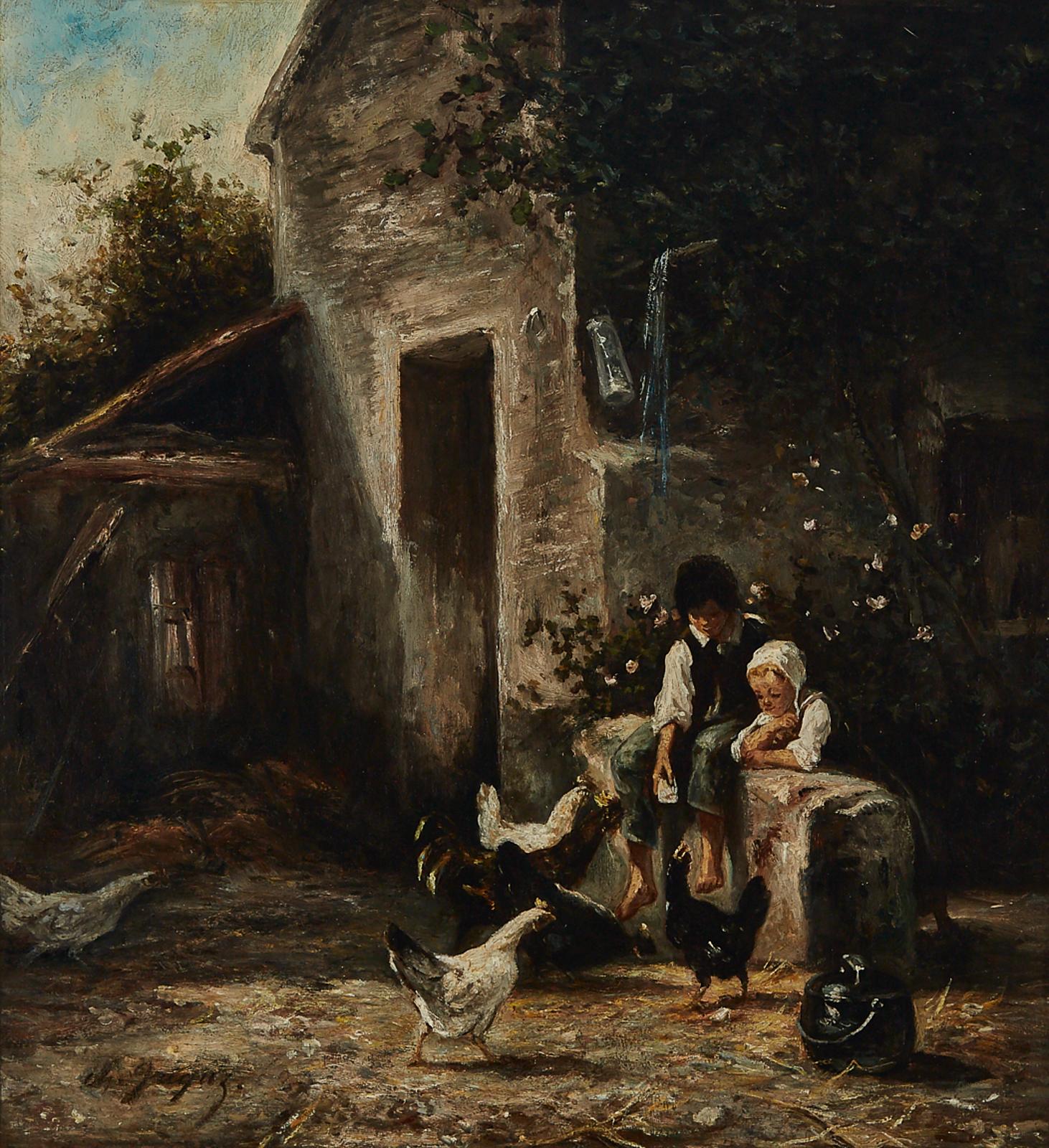 Charles Émile Jacque (1813-1894) - Children Playing With Farmyard Chickens