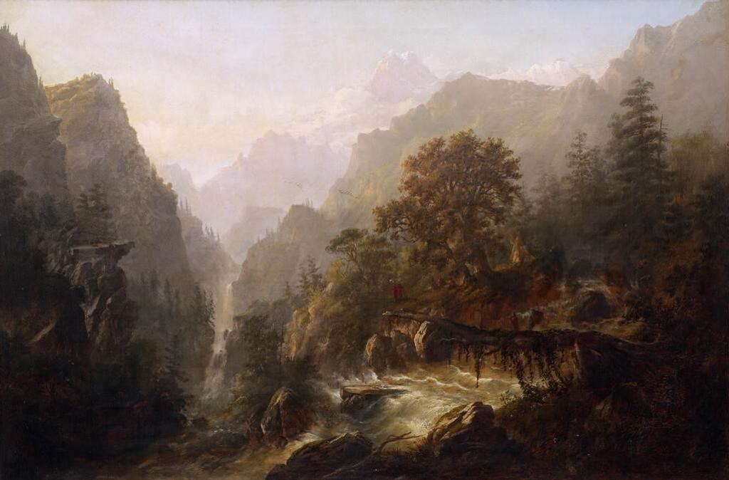 Alexander Francois Loemans (1816-1898) - Mountain Vista With Native American Encampment Above A Waterfall