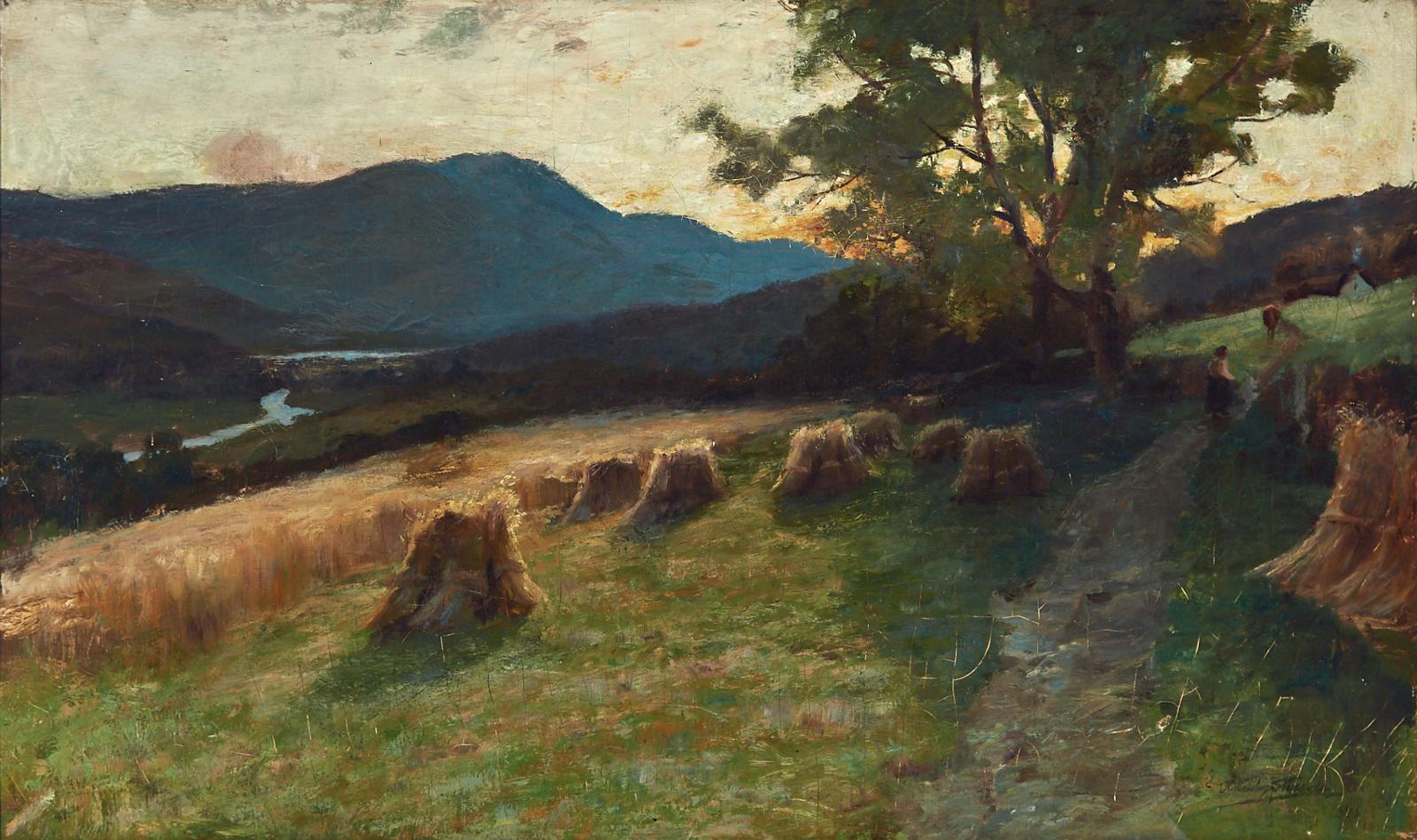 Robert Macaulay Stevenson (1854-1952) - Evening Landscape With Hayfields And A Woman Herding A Cow Homewards, 1886
