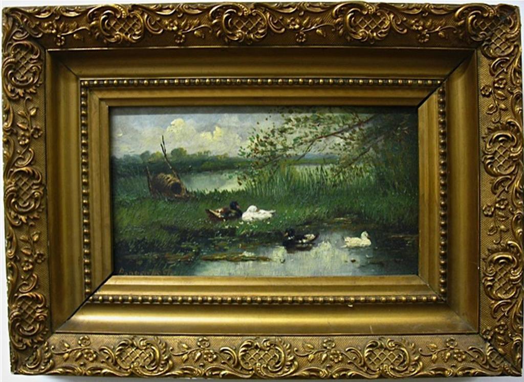 Geo Poggenbeek (1853-1903) - Ducks At Rest By Pond