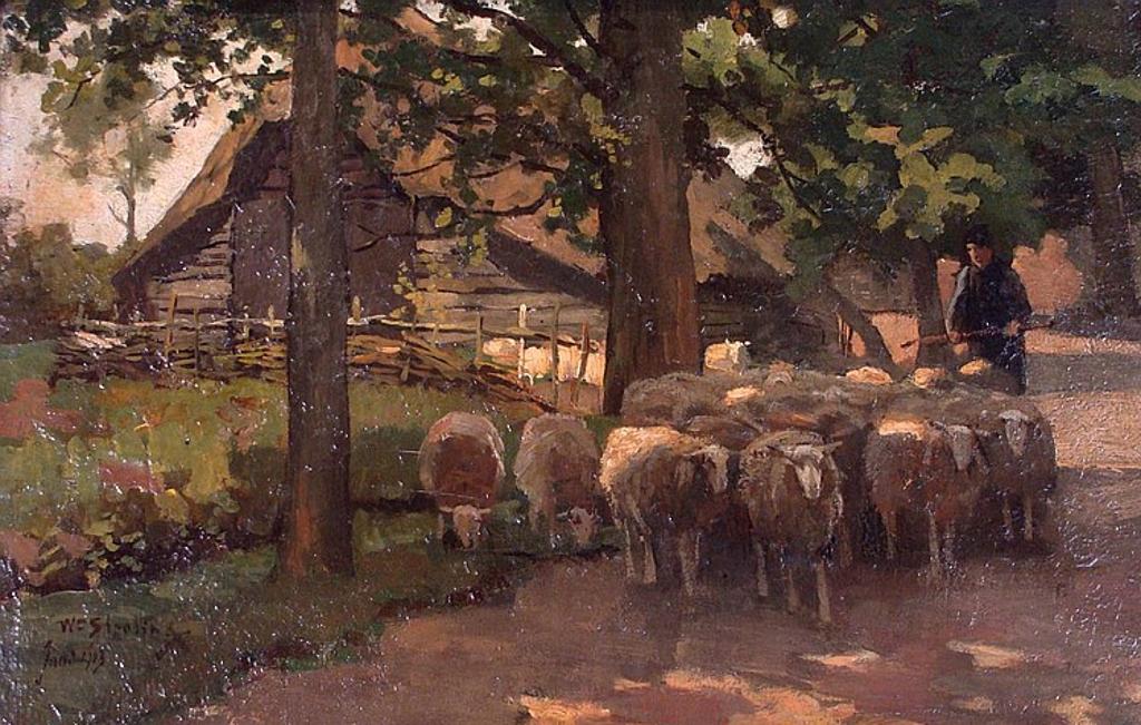 Willem Steelink (1856-1928) - UNTITLED-SHEPHERDS HERDING SHEEP