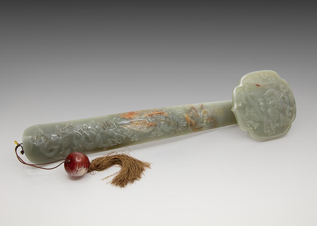 Chinese Art - A Large Chinese Celadon Jade Inscribed Ruyi ‘Dragon’ Sceptre, 19th/20th Century