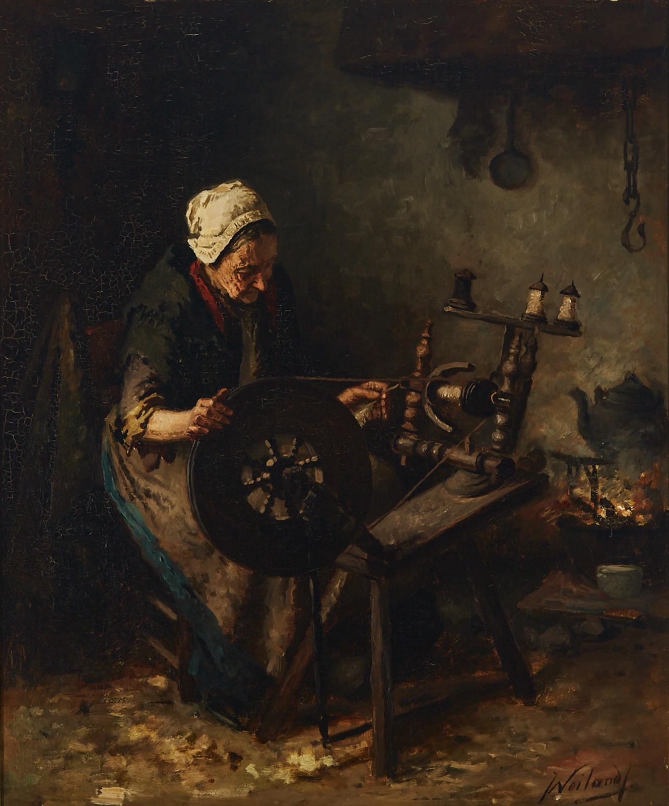 Johannes Weiland (1856-1909) - The Old Peasant Spinning By The Hearth